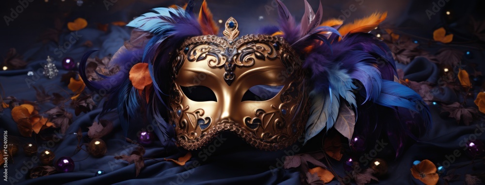 carnival mask in blue and purple color background with feathers carnival mask in blue and purple color background with feathers