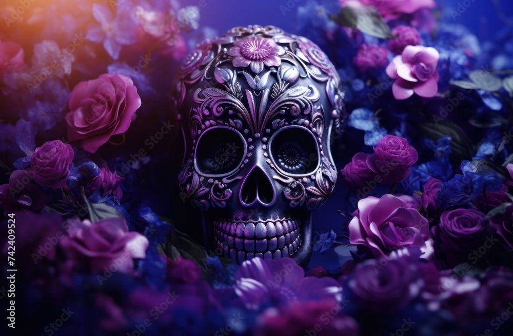 sugar skull, flowers and violet background
