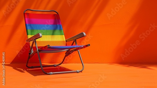 A single rainbow beach chair stands out against a clean, bright orange background, evoking a sense of tranquility and solitude