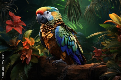 a colorful parrot is sitting on top of a leaf,