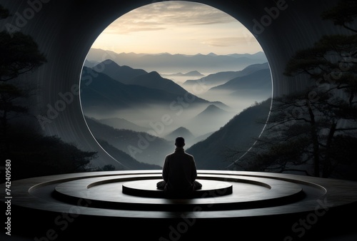 a man sitting in front of a door in a dark room