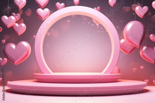 a pink platform with a ring of hearts on it