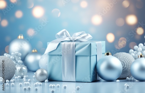 a christmas gift box on a background with shiny baubles in the background