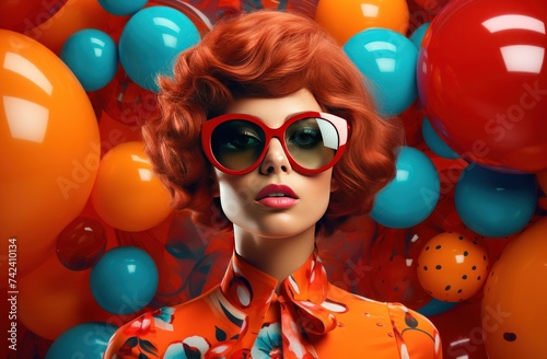 a fashion girl in glasses is dressed up with colorful flowers and balloons © olegganko