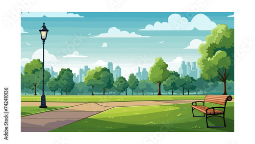 Park scene with bench and lamppost in the city vector illustration