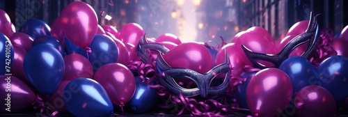 holiday celebration and valentine mask surrounded by balloons