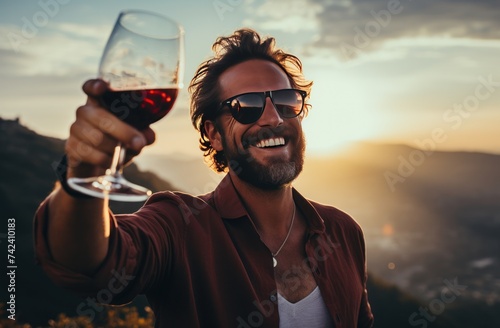a man holding a glass of wine with glasses holding it in his hand