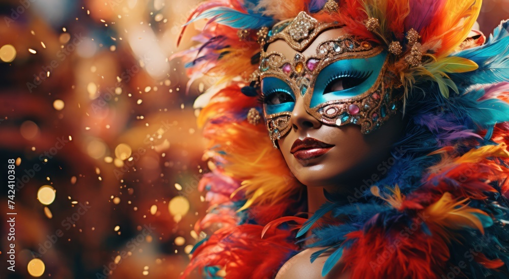 a carnival masquerade mask with colorful feathers and dangling feathers