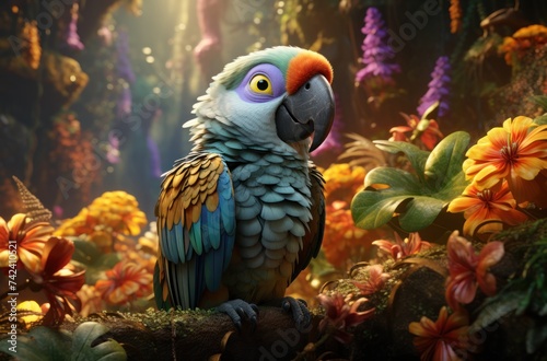 A vibrant parrot perched amidst lush greenery.