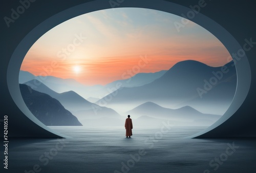 a man walks into an empty dark room with a view of mountains