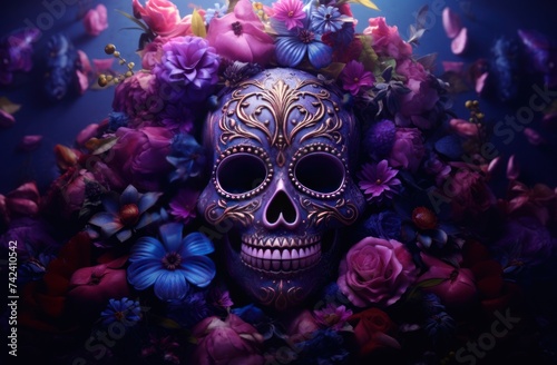 sugar skull, flowers and violet background © olegganko