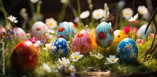 colorful eggs sitting in grass with flowers