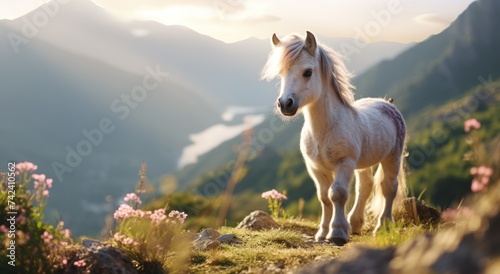 a pony standing in nature with mountains in the background