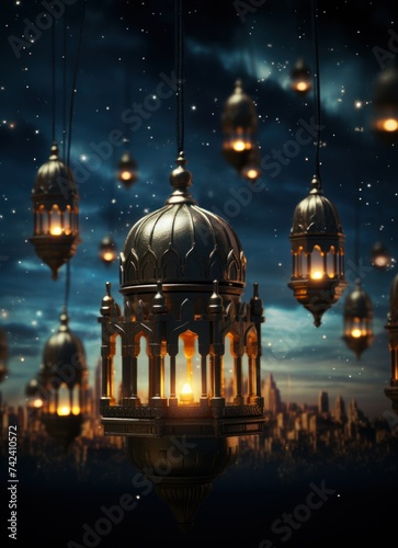 ramadan lanterns flying in the night sky