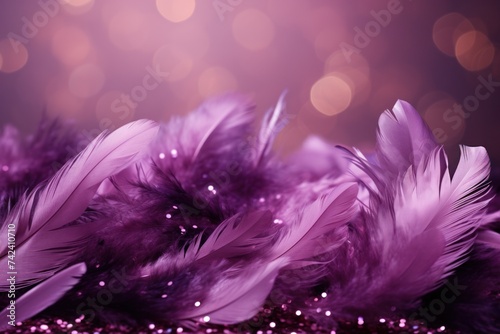 an arrangement of purple feathers on a purple background