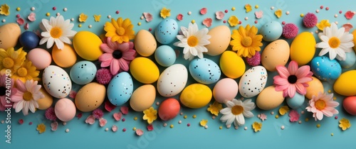 colorful easter eggs are laid out on a blue background