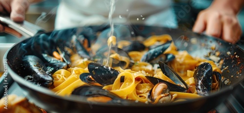 pasta, mussels and red wine in a pan, dark orange and blue