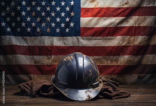 american flag with hard hat