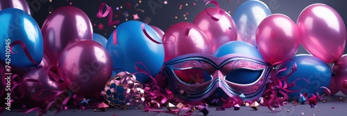 holiday celebration and valentine mask surrounded by balloons