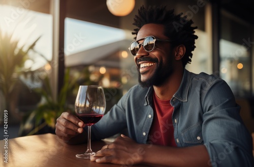 a man is smiling and enjoying a glass of wine
