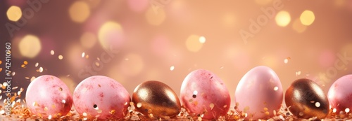golden and pink eggs in motion with sparklers on the gold background