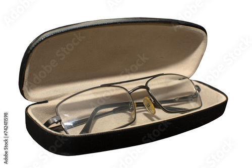 Close up view of a eyeglasses in a case isolated