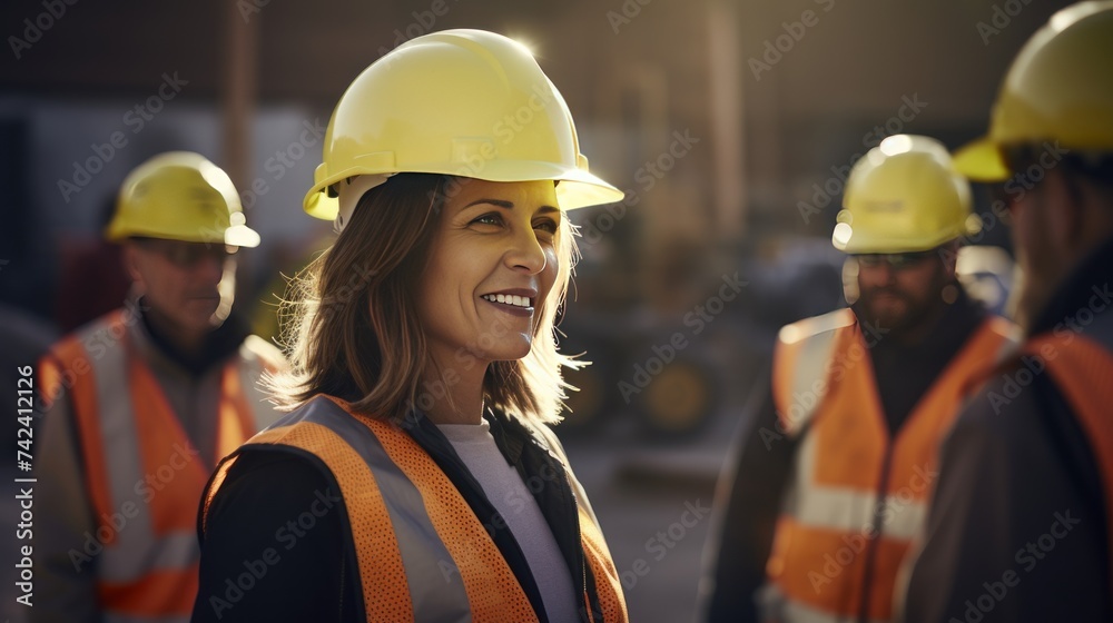 female construction site manager Wear a life jacket and helmet. They laughed happily as they looked at the faces of a group of workers at the construction site. female construction site manager Wear a life jacket and helmet. They laughed happily as they looked at the faces of a group of workers at the construction site.