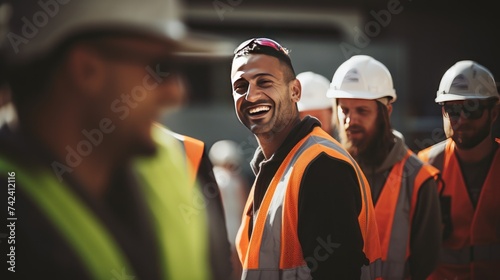 female construction site manager Wear a life jacket and helmet. They laughed happily as they looked at the faces of a group of workers at the construction site.