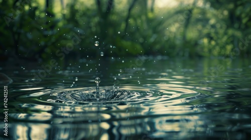 A serene image of a single drop of water falling into a calm pond, creating ripples that spread outward, representing the interconnectedness of ecosystems and the impact of individual actions on the e photo