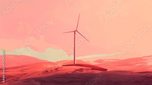 An illustration of a single wind turbine spinning gracefully against a backdrop of rolling hills, showcasing the beauty and power of wind energy in a minimalist style.