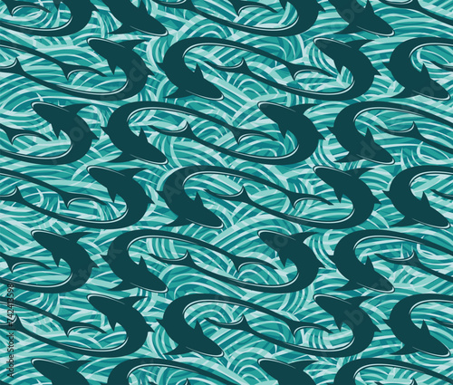 The seamless green background with sea and fish.