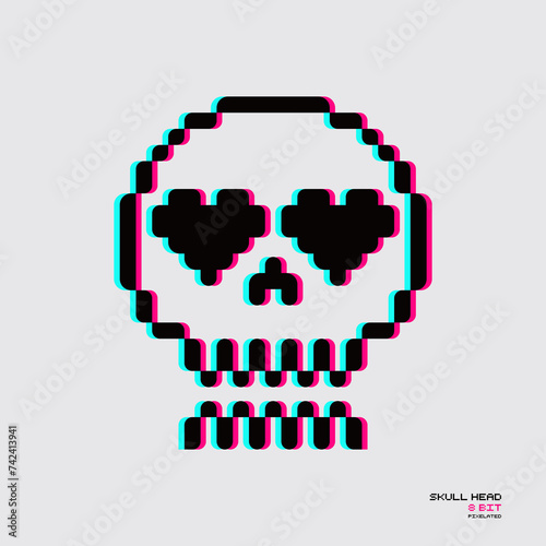 Skull head pixel 8 bit glitch effect illustration vector clip art, t shirt design, sticker editable