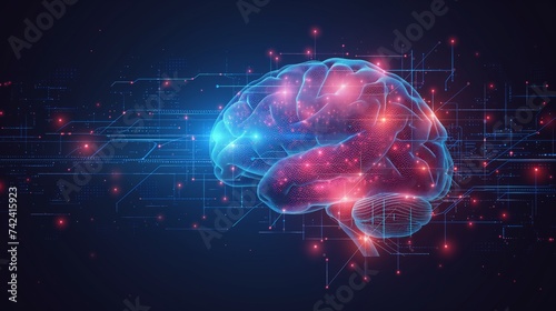 Digital brain illustration depicting artificial intelligence and network connectivity, symbolizing futuristic technology and cognitive science