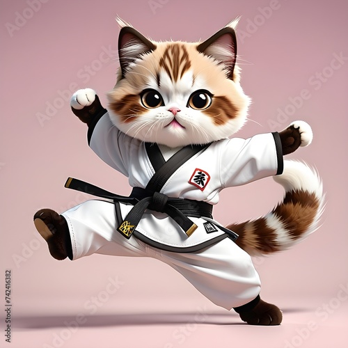 An Adorable cat in a karate uniform performs a martial arts pose with a black belt, depicting strength and cuteness. Generative ai photo