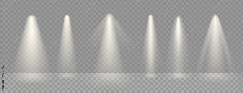 Spotlight illuminated stage background. White rays of floodlight, ies lamp beam set. Festive warm rays on transparent background