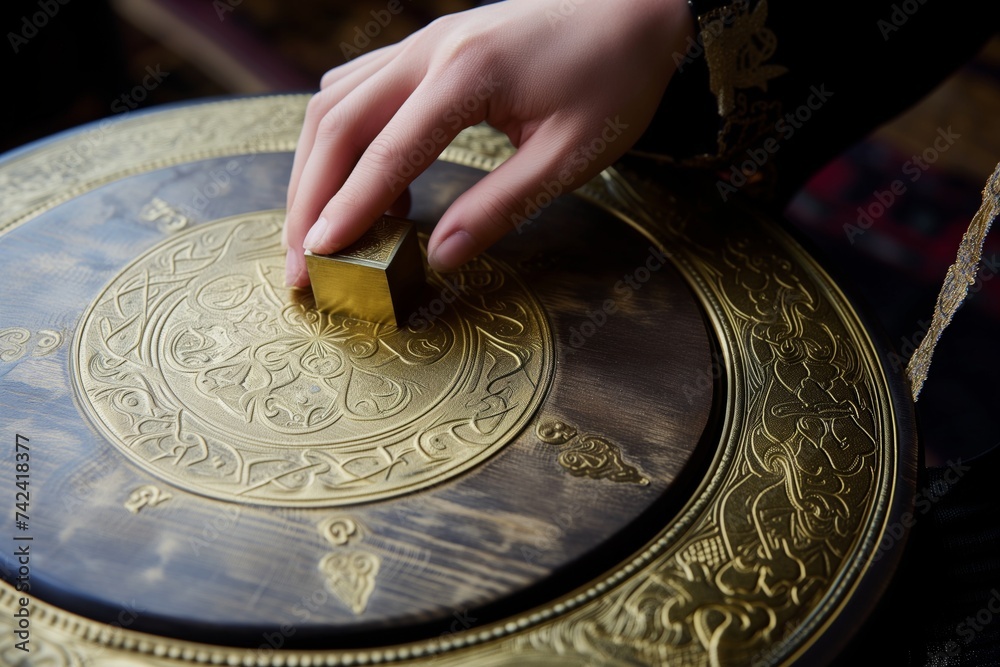 Obraz premium photo of a person pressing a gold embossed stamp on a box lid