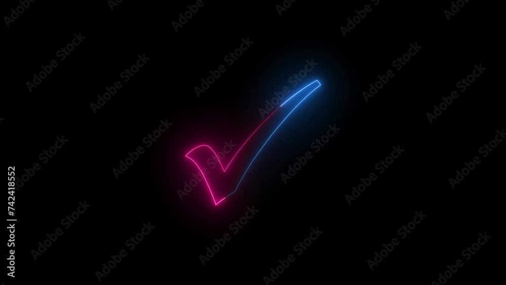 Neon check icon blue pink color animation black background Neon check icon blue pink color animation black background