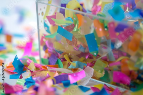 extreme closeup of a transparent gift box with colorful confetti inside