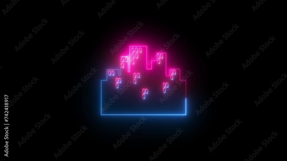 Neon cityscape icon blue pink color animation black background