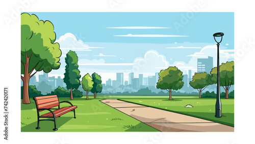 City park with bench and cityscape in the background vector illustration graphic design