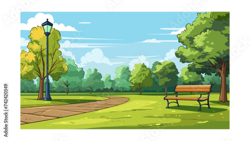 Park bench and city skyline in the background. Vector flat illustration