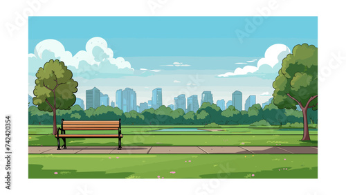 Park scene with bench and cityscape in the background. Vector illustration