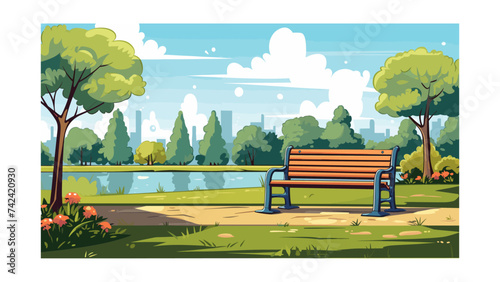 Park scene with bench and trees in the background. Vector illustration.