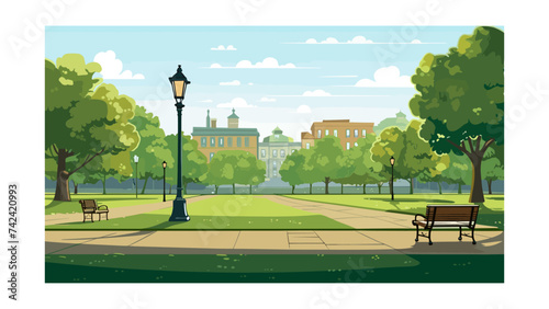 City park with bench and street lamps. Vector illustration in flat style 
