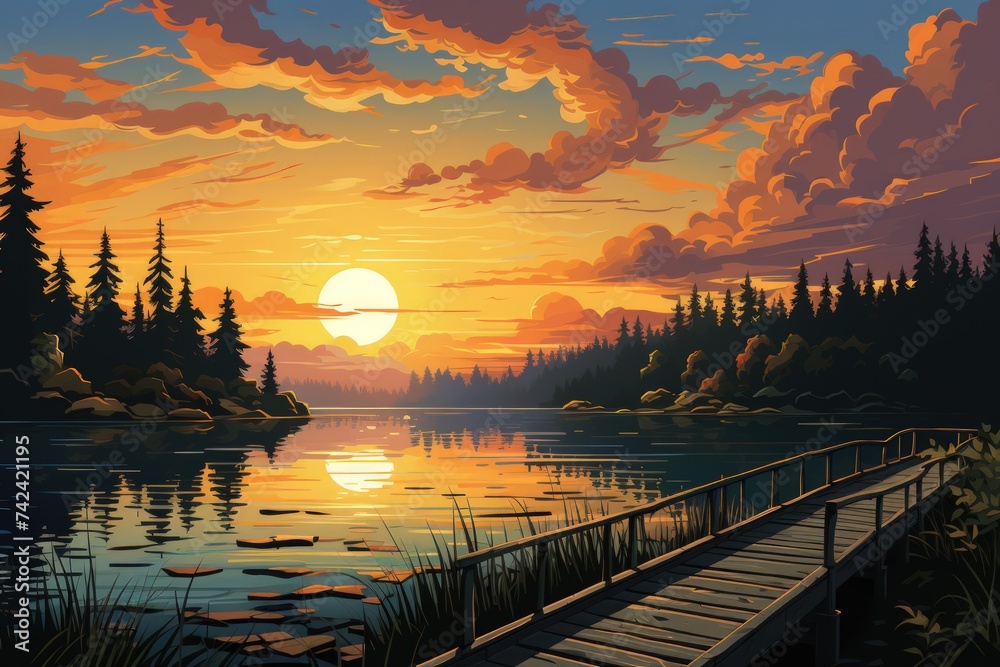 Serene lakeside dock at sunrise