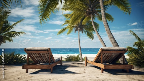 Lounge chairs on the beach create a picturesque summer landscape.