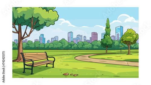 Park scene with bench and city skyline background illustration vector in flat style