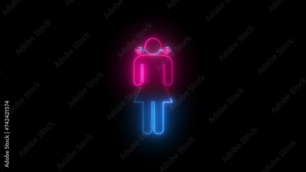 Neon girl icon blue pink color animation black background Neon girl icon blue pink color animation black background