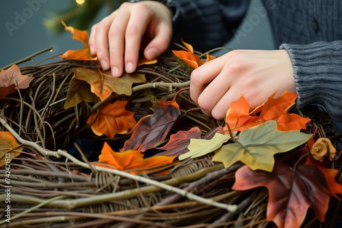 person wrapping vine around a wreath with autumn leaves