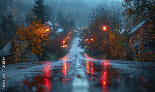 Rain-drenched asphalt path meandering through an autumnal forest and hamlet, illuminated under the eerie red of streetlights